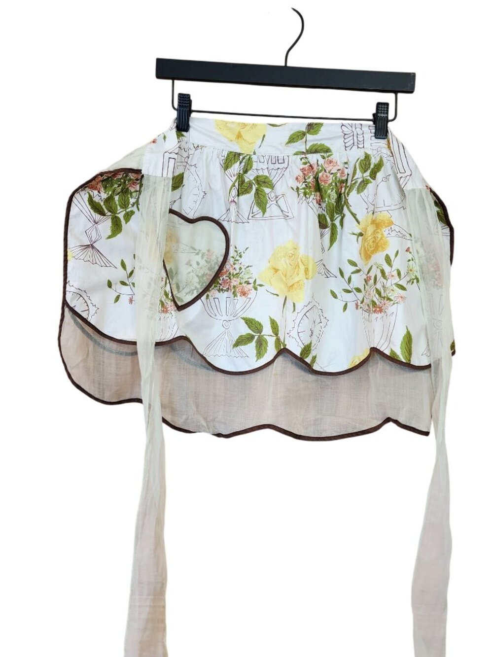 Vintage Sheer Half Hostess Apron Dainty Floral Yellow Organza Black Trim Cottage